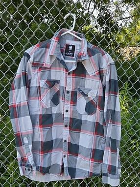 G-Star Men’s Plaid Button-Up Shirt in Gray, Black & Red